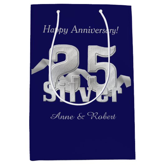 Silver op Blue 25th Jubileum Medium Gift Bag Cadeauzakje (Voorkant)