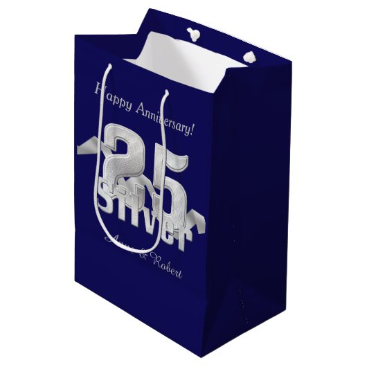 Silver op Blue 25th Jubileum Medium Gift Bag Medium Cadeauzakje (Voorkant Gekanteld)