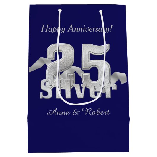Silver op Blue 25th Jubileum Medium Gift Bag Medium Cadeauzakje (Achterkant)