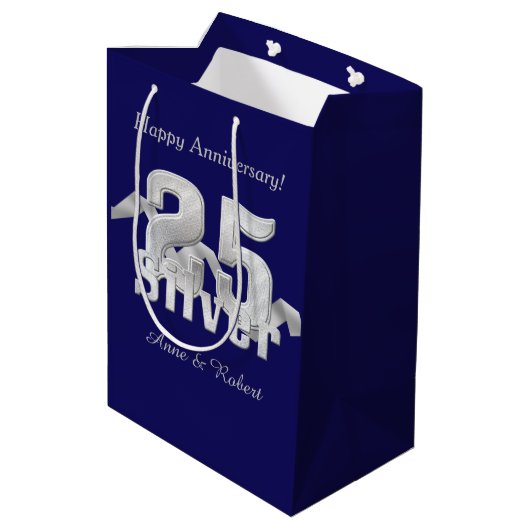 Silver op Blue 25th Jubileum Medium Gift Bag Medium Cadeauzakje (Achterkant Gekanteld)