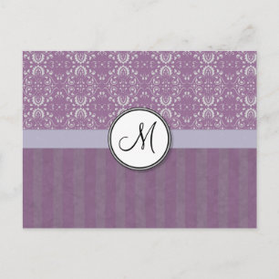 Silver op Lavender Damask met Stripes & Monogram Briefkaart