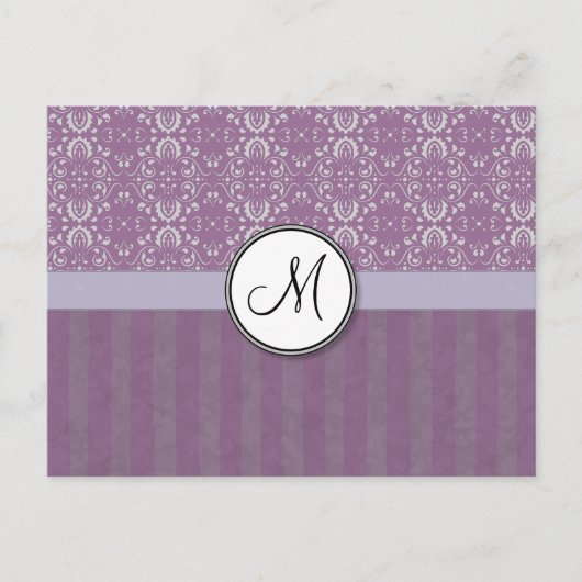 Silver op Lavender Damask met Stripes & Monogram Briefkaart (Voorkant)