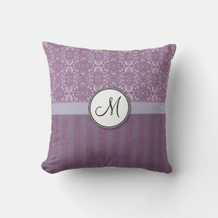 Silver op Lavender Damask met Stripes & Monogram Kussen
