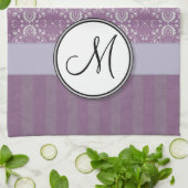 Silver op Lavender Damask met Stripes & Monogram Theedoek (Gevouwen)