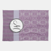 Silver op Lavender Damask met Stripes & Monogram Theedoek (Horizontaal)