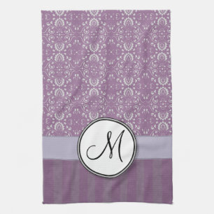 Silver op Lavender Damask met Stripes & Monogram Theedoek