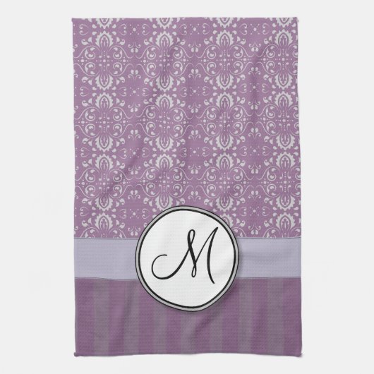 Silver op Lavender Damask met Stripes & Monogram Theedoek (Verticaal)
