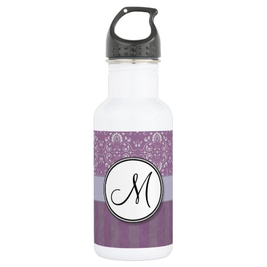 Silver op Lavender Damask met Stripes & Monogram Waterfles (Voorkant)