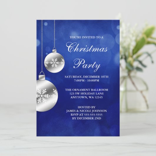 Silver Ornaments Blue Bokeh kerstparty Kaart (Staand voorkant)