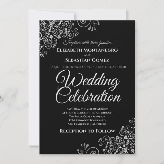 Silver over Black Simple Elegant Wedding Invitatio Kaart (Voorkant)