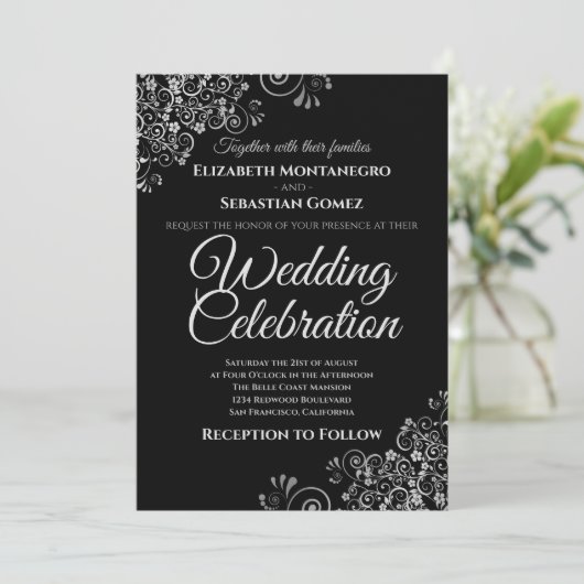 Silver over Black Simple Elegant Wedding Invitatio Kaart (Staand voorkant)