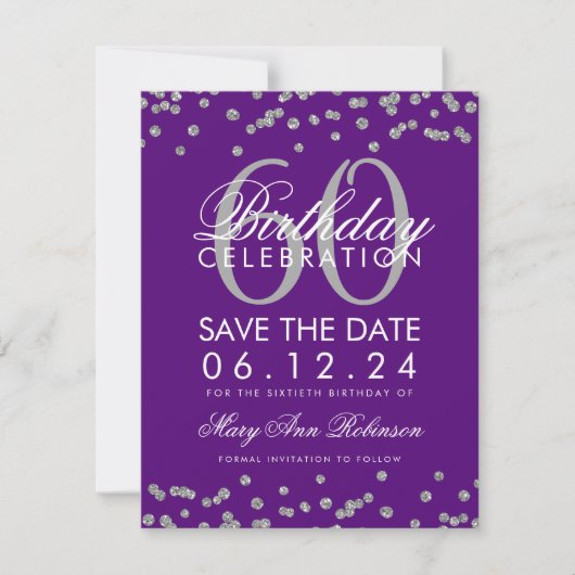 Silver Paars 60th Birthday Save Date Confetti Save The Date (Voorkant)