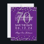 Silver Paars 70th Birthday Save Date Confetti Save The Date<br><div class="desc">Het elegante "70th Birthday Party"-ontwerp met Silver Faux Glitter Confetti Paars en aangepaste naam en tekst met details. Eenvoudig te gebruiken en eenvoudig aan te passen. Bestel vandaag nog!</div>