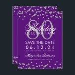 Silver Paars 80th Birthday Save Date Confetti Kaart<br><div class="desc">Het elegante "80th Birthday Party"-ontwerp met Silver Faux Glitter Confetti Paars en aangepaste naam en tekst met details. Eenvoudig te gebruiken en eenvoudig aan te passen. Bestel vandaag nog!</div>