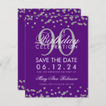 Silver Paars 90th Birthday Save Date Confetti Kaart<br><div class="desc">Het elegante "90th Birthday Party"-ontwerp met Silver Faux Glitter Confetti Paars en aangepaste naam en tekst met details. Eenvoudig te gebruiken en eenvoudig aan te passen. Bestel vandaag nog!</div>