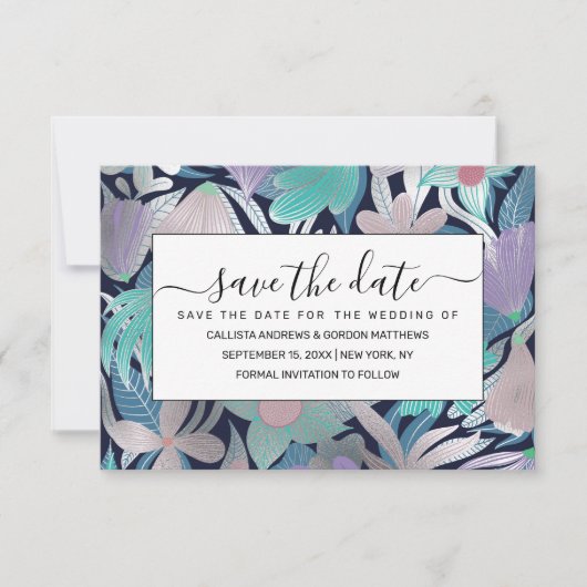Silver Paars Blue Floral Leaves Illustrations Save The Date (Voorkant)