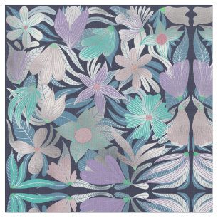 Silver Paars Blue Floral Leaves Illustrations Stof