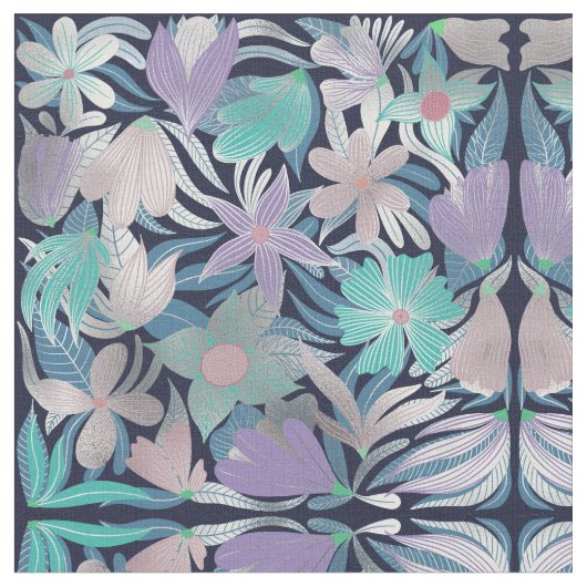 Silver Paars Blue Floral Leaves Illustrations Stof (Close Up)