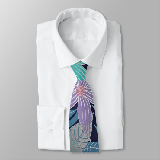 Silver Paars Blue Floral Leaves Illustrations Stropdas (Gebonden)