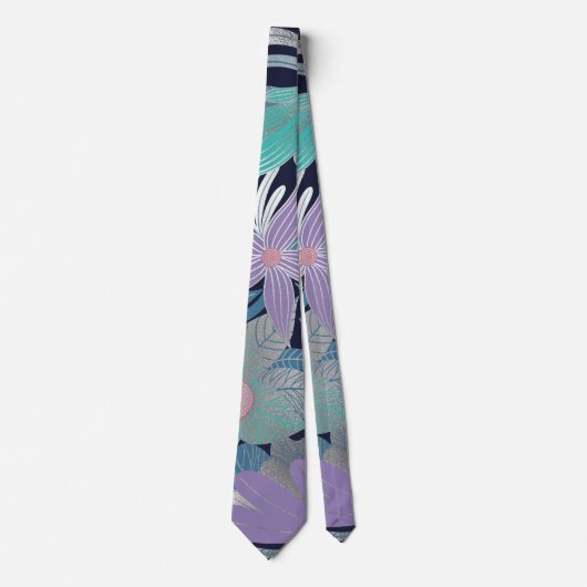Silver Paars Blue Floral Leaves Illustrations Stropdas (Voorkant)