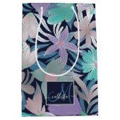 Silver Paars Blue Floral Leaves Monogram Medium Cadeauzakje (Voorkant)
