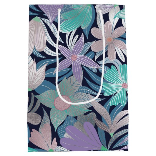 Silver Paars Blue Floral Leaves Monogram Medium Cadeauzakje (Achterkant)