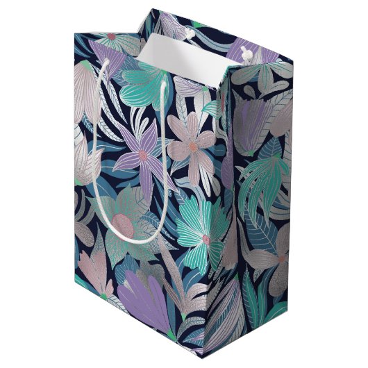 Silver Paars Blue Floral Leaves Monogram Medium Cadeauzakje (Achterkant Gekanteld)