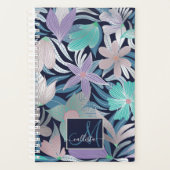 Silver Paars Blue Floral Leaves Monogram Planner (Voorkant)