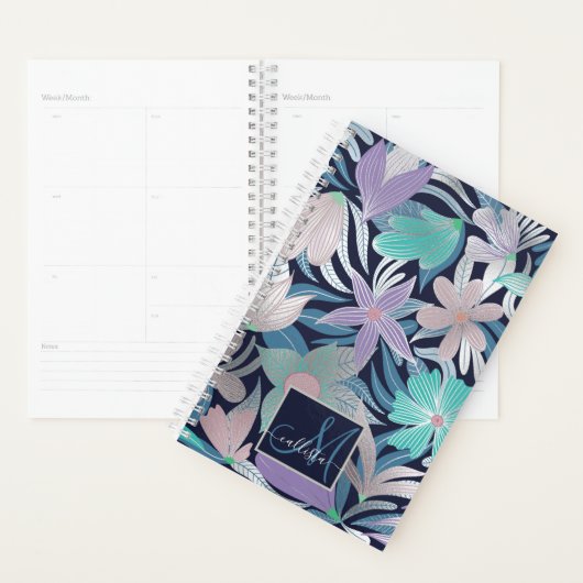 Silver Paars Blue Floral Leaves Monogram Planner (Display)