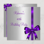 Silver Paars Bow 40th Elegant Birthday Party Kaart (Voorkant / Achterkant)