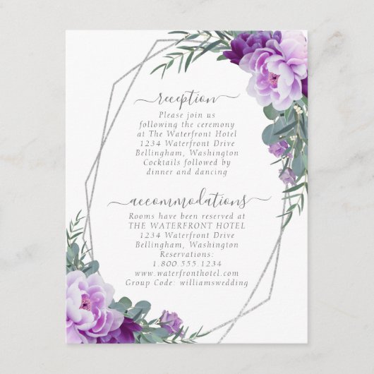 Silver & Paars Elegant Floral Wedding Details Informatiekaartje (Voorkant)