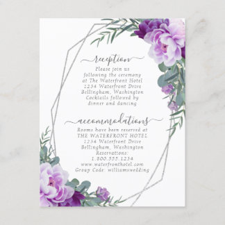 Silver & Paars Elegant Floral Wedding Details Informatiekaartje