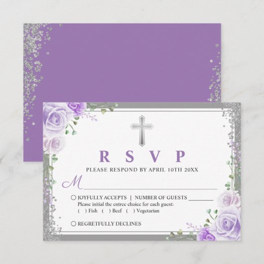 Silver Paars Floral First communiqué RSVP-kaart RSVP Kaartje (Voorkant / Achterkant)