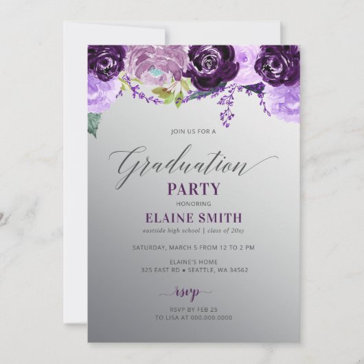 Silver Paars Floral Photo Graduation Party Kaart (Voorkant)