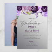 Silver Paars Floral Photo Graduation Party Kaart (Voorkant / Achterkant)