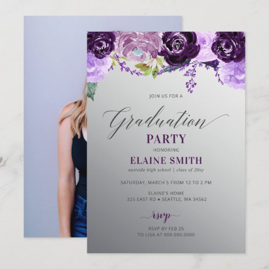 Silver Paars Floral Photo Graduation Party Kaart (Voorkant / Achterkant)