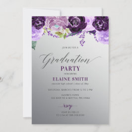 Silver Paars Floral Photo Graduation Party Kaart