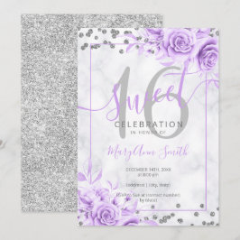 Silver Paars Floral Sweet 16 Marble Glitter Kaart
