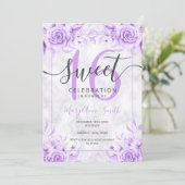 Silver Paars Floral Sweet 16 Marble Glitter Kaart (Staand voorkant)