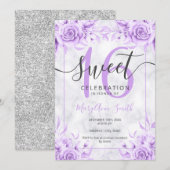 Silver Paars Floral Sweet 16 Marble Glitter Kaart (Voorkant / Achterkant)