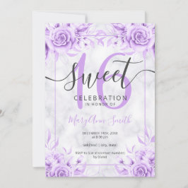Silver Paars Floral Sweet 16 Marble Glitter Kaart