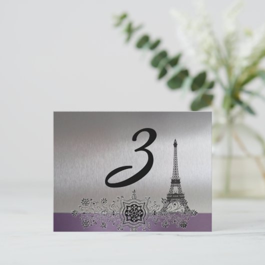 Silver Paars Paris Table Number Briefkaart (Staand voorkant)