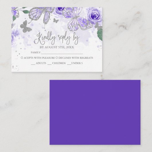 Silver Paars Quinceanera Butterfly Budget RSVP Informatiekaartje (Voorkant / Achterkant)