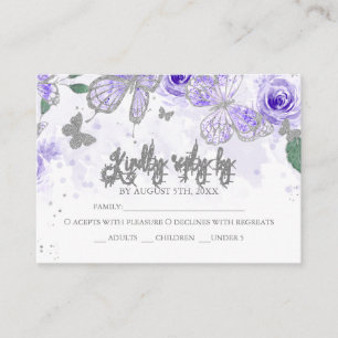 Silver Paars Quinceanera Butterfly Budget RSVP Informatiekaartje
