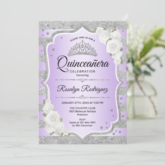 Silver Paars Quinceanera Uitnodiging (Staand voorkant)