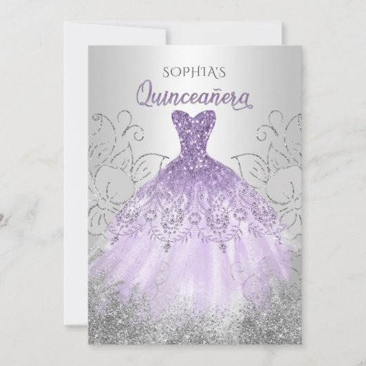 Silver Paars Sparkle Dress Quinceañera Quince Kaart (Voorkant)