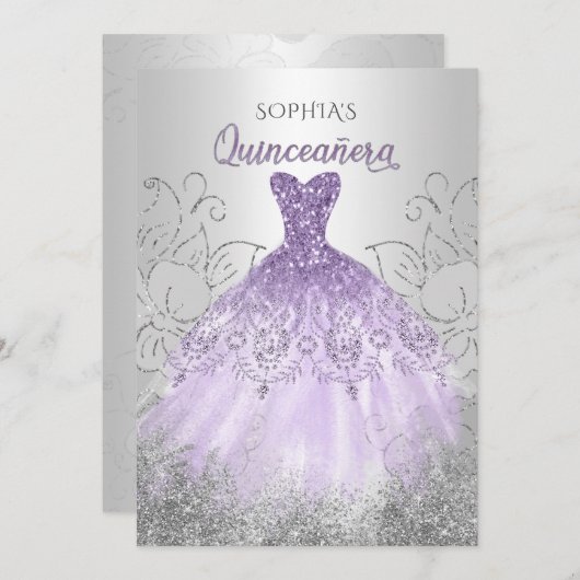 Silver Paars Sparkle Dress Quinceañera Quince Kaart (Voorkant / Achterkant)