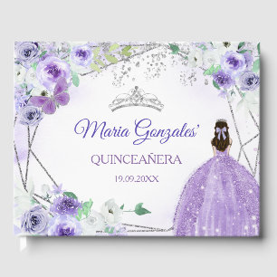 Silver & Paarse Bloemen Quinceañera Gastenboek
