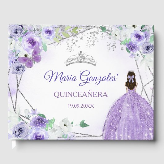 Silver & Paarse Bloemen Quinceañera Gastenboek (Voorkant)