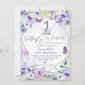 Silver Paarse Butterfly Kisses Girl First Birthday Kaart (Voorkant)